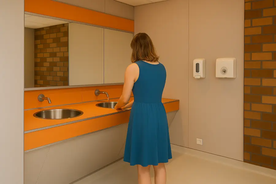 Sanitairgebouw strandcamping Makkum vrouw blauwe jurk